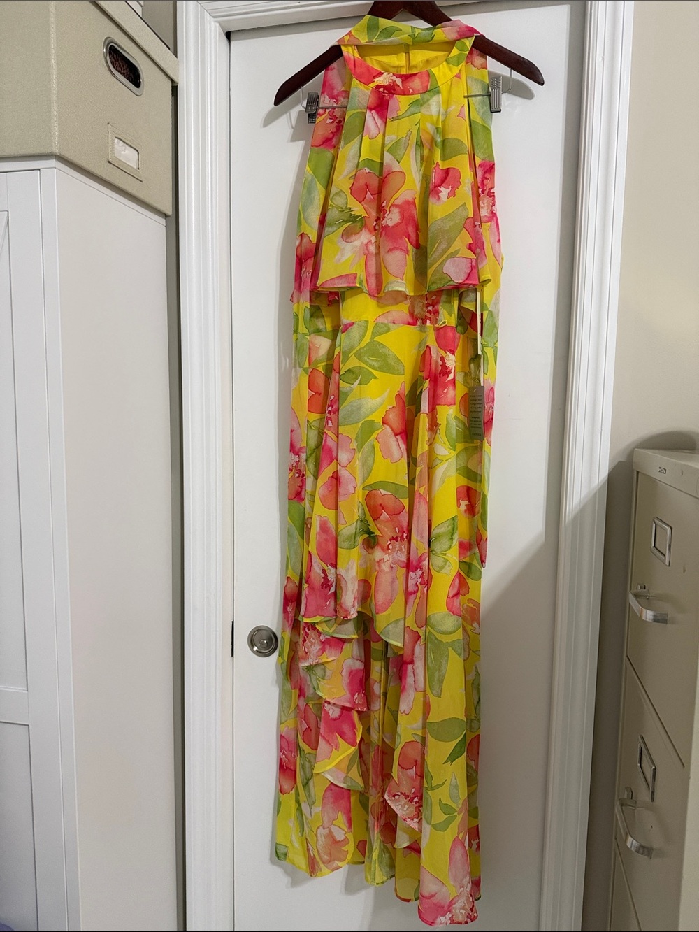 🍁🌾 Eliza J Yellow Floral Halter Maxi Dress with Pink Bloom